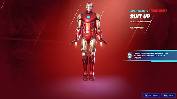 Fortnite screenshot of the Iron Man MK 45 skin in a flying animation.