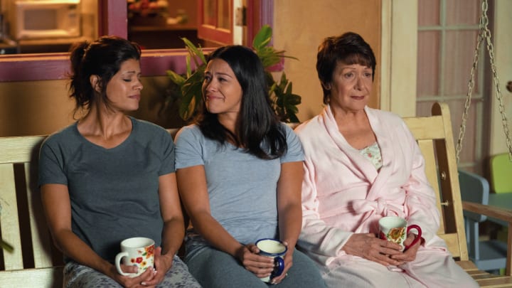 Jane The Virgin -- "Chapter One Hundred" -- Image Number: JAV519b_0290.jpg -- Pictured (L-R): Andrea Navedo as Xo, Gina Rodriguez as Jane and Ivonne Coll as Alba -- Photo: Lisa Rose/The CW -- © 2019 The CW Network, LLC. All Rights Reserved.