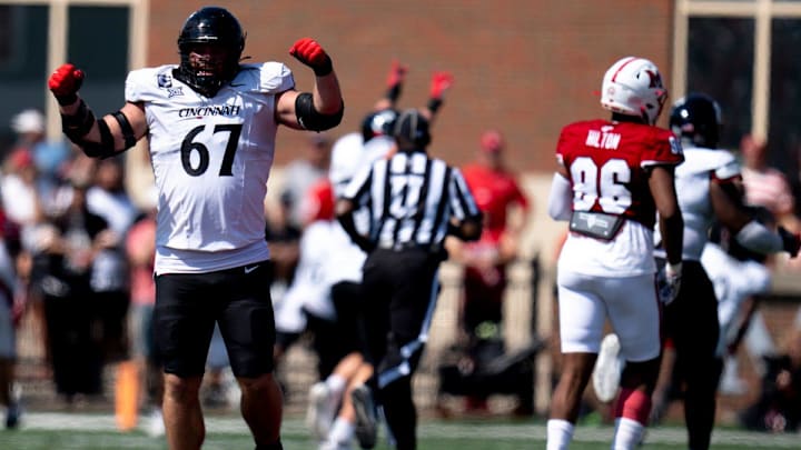 Cincinnati Bearcats offensive lineman Luke Kandra (67) flexes after a defensive stop in the fourth quarter of the College Football game against the Miami Redhawks at Yager Stadium in Cincinnati on Saturday, Sept. 14, 2024.