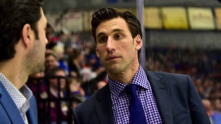 Jay Leach on the bench of the Providence Bruins during the 2020-21 season, his final season as the team's head coach.