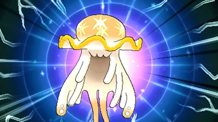 A yellow jellyfish Pokemon with a bulbous head and a white cape-like body with tentacles dangling from it.
