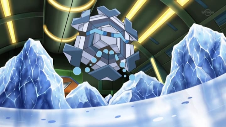 A Pokémon that looks like a snowflake, with glowing blue eyes in the middle and drops of ice flowing from it's mouth.