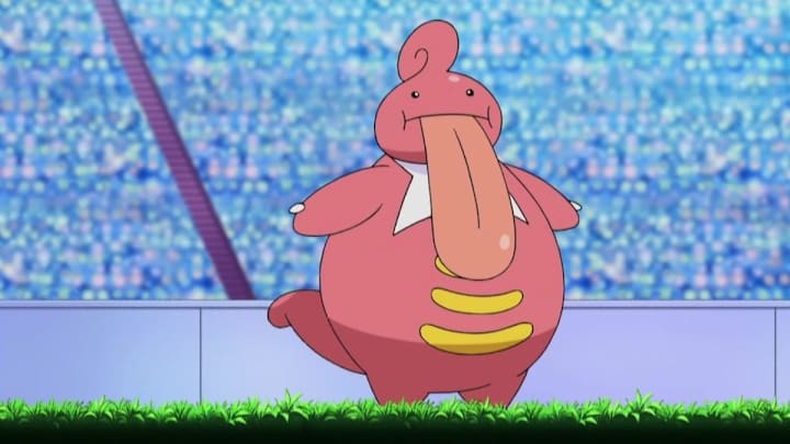 A pink humanoid Pokémon with a large body and a giant tongue that reached down to its stomach.