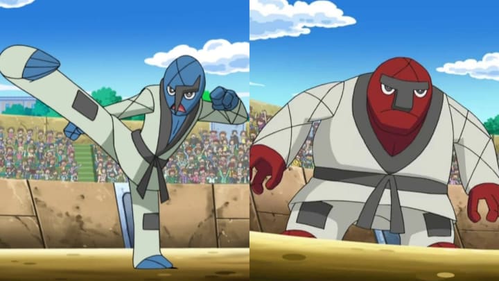 Two Pokemon wearing karate robes with black belts. One is skinny, blue and tall, the other is short, stout, and red.