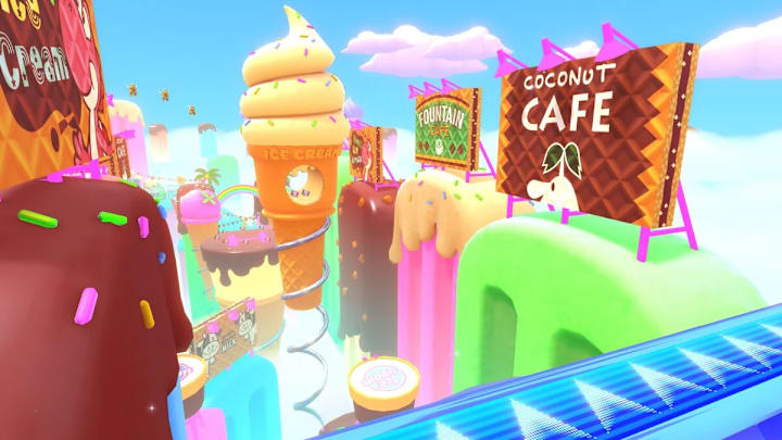 A racetrack made up of colorful ice creams and ice lollies in Mario Kart 8.