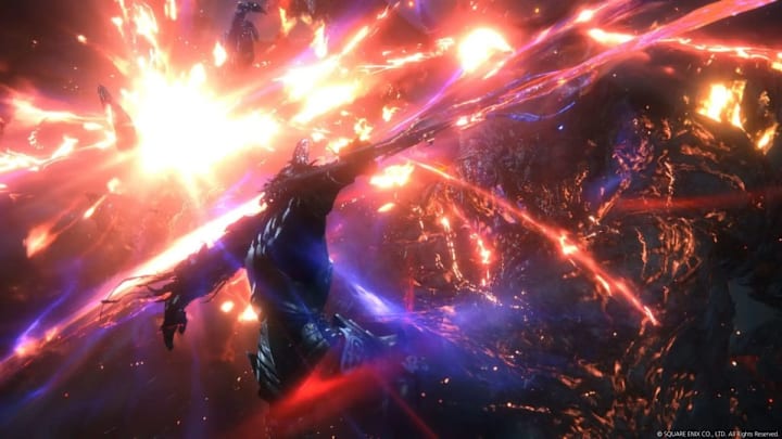 Clive slashes at enemies in Final Fantasy 16 as flashy effects fill the image