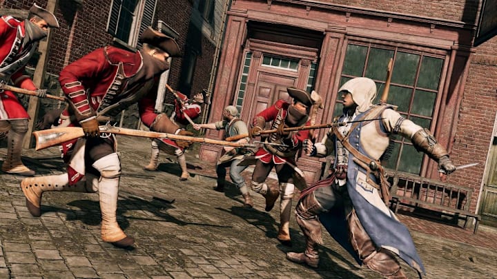 Connor fighting a bunch of Redcoats weilding muskets