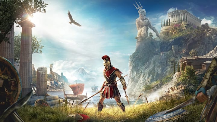 A Greek solider standing in a field with Greek iconography around them