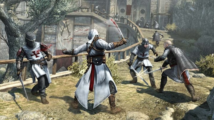 Altair fighting templar soilders near a castle.