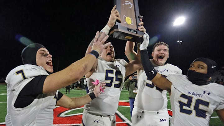 Bishop McDevitt celebrates its Pennsylvania high school football state championship win in 2023.