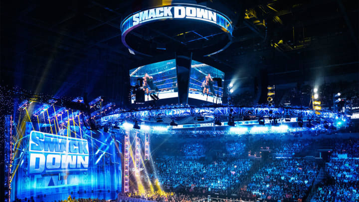 A look at the WWE Friday Night SmackDown arena during a match.