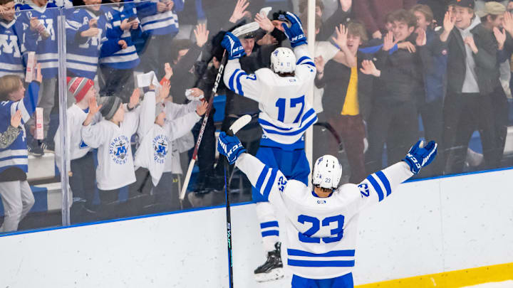 Minnetonka boys hockey celebrates a goal in 2023