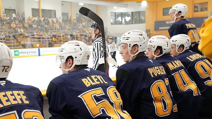 Team Blue watches the Future Stars Game at the Nashville Predators development camp. Team Blue watches the Future Stars Game at the Nashville Predators development camp.
