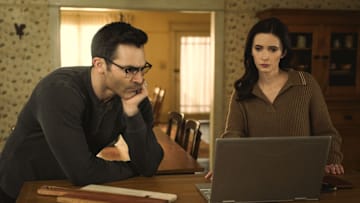 Superman & Lois -- “Break the Cycle” -- Image Number: SML405a_0252r -- Pictured (L-R): Tyler Hoechlin as Superman and Bitsie Tulloch as Lois Lane -- Photo: Colin Bentley/The CW -- © 2024 The CW Network, LLC. All Rights Reserved.