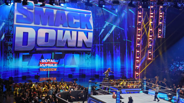 A look at a WWE Friday Night SmackDown match from the crowd view.