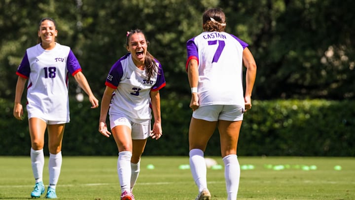 AJ Hennessey (3) and Seven Castain (7) celebrate after Hennessey scores the opening goal for No. 7 TCU against the Iowa State Cyclones on Sunday afternoon at Garvey-Rosenthal Soccer Stadium. AJ Hennessey (3) and Seven Castain (7) celebrate after Hennessey scores the opening goal for No. 7 TCU against the Iowa State Cyclones on Sunday afternoon at Garvey-Rosenthal Soccer Stadium.