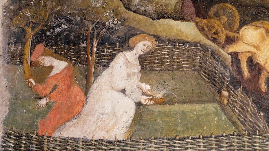 A 15th-century Italian fresco depicting women working in a garden. A 15th-century Italian fresco depicting women working in a garden.