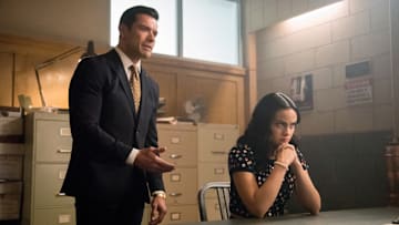 Riverdale -- "Chapter Seventy-Two: To Die For" -- Pictured (L-R): Mark Consuelos as Hiram Lodge and Camila Mendes as Veronica 