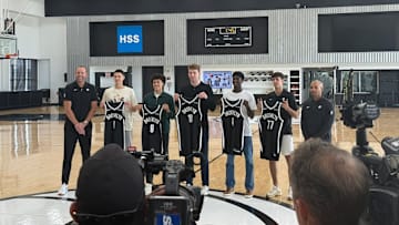 Brooklyn Nets GM Sean Marks, rookies Egor Demin, Nolan Traore, Danny Wolf, Drake Powell, Ben Saraf, and HC Jordi Fernandez