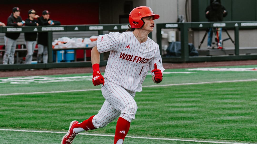 Freshman left fielder Rett Johnson runs the bases in NC State's win over Lafayette on March 7, 2026, at Doak Field in Raleigh, N.C. 
