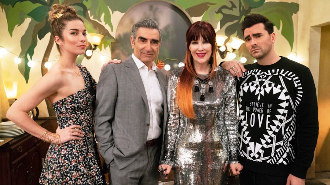 Schitt's Creek -- "Meet the Parents" -- Pictured (L-R): Annie Murphy as Alexis Rose, Eugene Levy as Johnny Rose, Catherine O'Hara as Moira Rose, and Daniel Levy as David Rose -- 