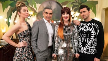 Schitt's Creek -- "Meet the Parents" -- Pictured (L-R): Annie Murphy as Alexis Rose, Eugene Levy as Johnny Rose, Catherine O'Hara as Moira Rose, and Daniel Levy as David Rose -- 