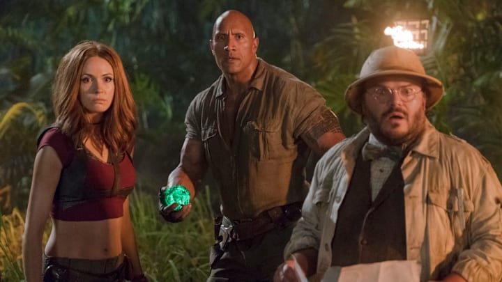 Jumanji - Karen Gillan (Ruby Roundhouse), Dwayne Johnson (Dr. Smolder Bravestone) and Jack Black (Professor Shelly Oberon)