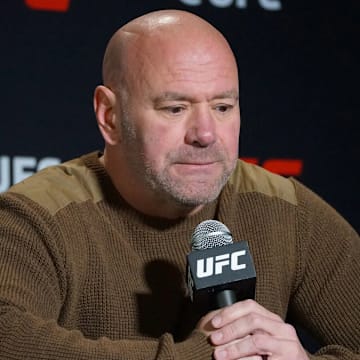 UFC CEO Dana White takes questions from the media during a press conference.