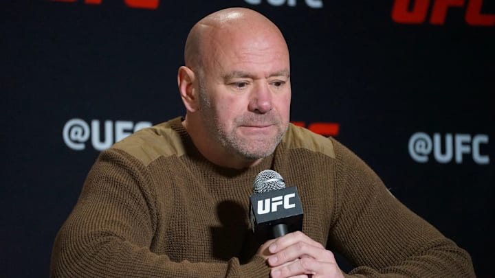 UFC CEO Dana White takes questions from the media during a press conference.