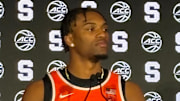 October 7, 2025; Charlotte, North Carolina, USA; Syracuse basketball guard JJ Starling speaks with the media Tuesday on Day 2 of ACC Tipoff at the Uptown Hilton Hotel. Mandatory Credit: Brad Bierman, The Juice Online-On SI 