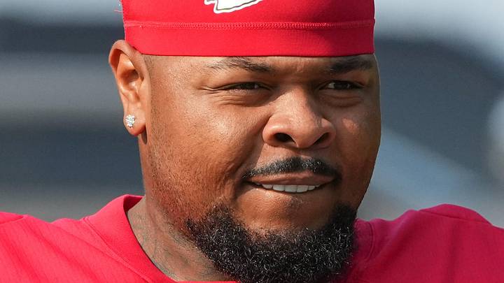 Jul 22, 2024; St. Joseph, MO, USA; Kansas City Chiefs offensive tackle Jawaan Taylor (74) walks down the hill from the locker room to the fields prior to training camp at Missouri Western State University. Mandatory Credit: Denny Medley-USA TODAY Sports