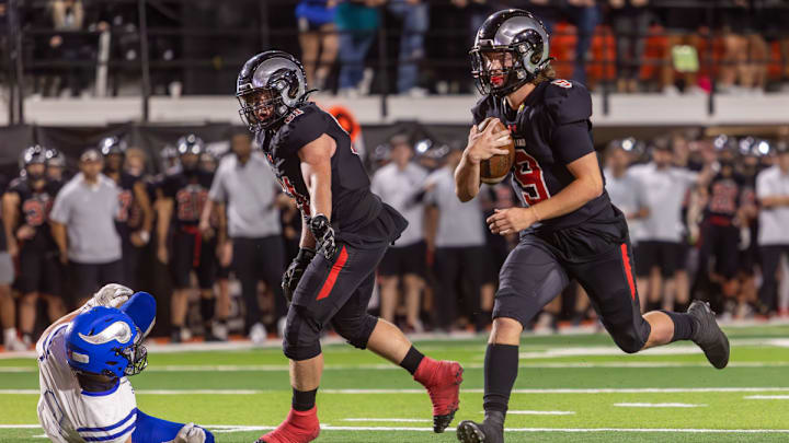Highland's Keaton Belnap runs into the endzone against Coeur d'Alene in the 2023 Idaho high school football state title. Highland's Keaton Belnap runs into the endzone against Coeur d'Alene in the 2023 Idaho high school football state title.