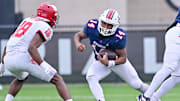 Charles Ross (left) readies for a tackle during North Shore's UIL (Texas) 6A Division I playoff win over Atascocita in Nov. 2023.