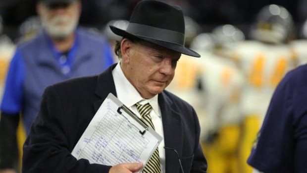 Randy Allen paces the Highland Park sideline in a Texas high school football playoff game against Denton Guyer in 2022.