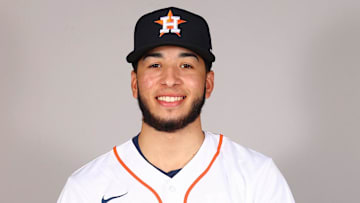 Mar 1, 2021; West Palm Beach, FL, USA; Houston Astros Alex Santos #90 poses during media day at Ballpark of the Palm Beaches. Mandatory Credit: MLB photos via Imagn Images