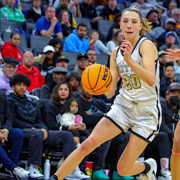 Archbishop Mitty junior wing McKenna Woliczko, shown here in a 2023 state-final game loss to Etiwanda, led her team to a second straight Nike TOC championship last week, vaulting the Monarchs to the top of the California Girls Basketball Top 25 rankings this week. Woliczko, a preseason All-American, won the top division's MVP honor for a second straight season. 