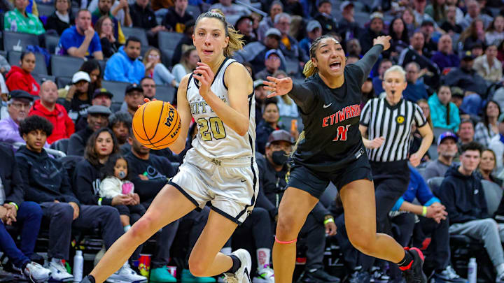 Archbishop Mitty junior wing McKenna Woliczko, shown here in a 2023 state-final game loss to Etiwanda, led her team to a second straight Nike TOC championship last week, vaulting the Monarchs to the top of the California Girls Basketball Top 25 rankings this week. Woliczko, a preseason All-American, won the top division's MVP honor for a second straight season. 
