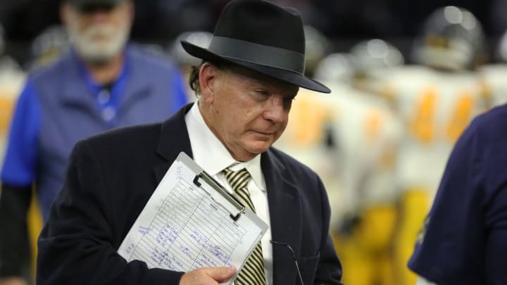 Randy Allen paces the Highland Park sideline in a Texas high school football playoff game against Denton Guyer in 2022.