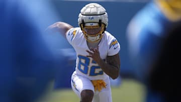 Chargers wide receiver Brenden Rice runs a drill at rookie minicamp on Friday.