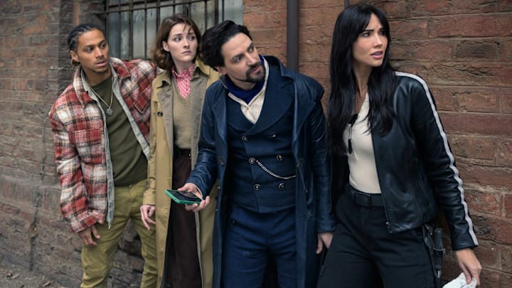 The Librarians: The Next Chapter -- Image Number: LIB101a_1415r -- Pictured (L-R): Bluey Robinson as Connor Green, Olivia Morris as Lysa Pascal, Callum McGowan as Vikram Chamberlain, Jessica Green as Charlie Cornwall -- Photo: Aleksandar Letic/The CW -- © 2024 The CW Network, LLC. All Rights Reserved.