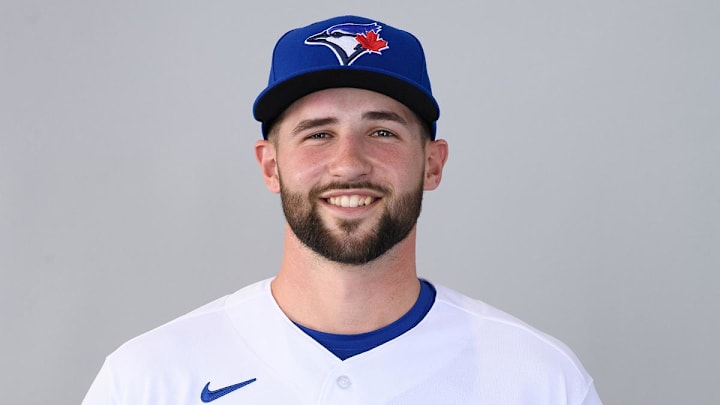Mar 1, 2021; Dunedin, FL, USA; Toronto Blue Jays Adam Kloffenstein #84 poses during media day at TD Ballpark.