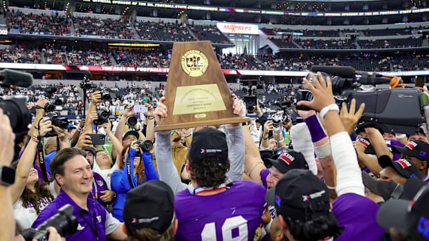 Port Neches-Groves celebrates the UIL 5A Division II state title in Dec. 2023 at AT&T Stadium.