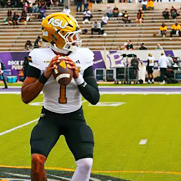 Nov. 1, 2025; No. 1, Alabama State quarterback Andrew Body during pregame warmups versus Prairie View A&M; 