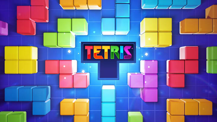 The Tetris logo surrounded by tetrominoes