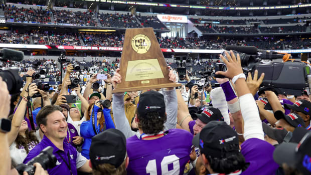 Port Neches-Groves celebrates the UIL 5A Division II state title in Dec. 2023 at AT&T Stadium.