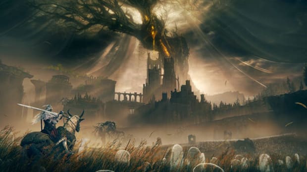 A knight stands in a field with ghostly gravestones as a giant black tree looms in the distance in Elden Ring DLC.