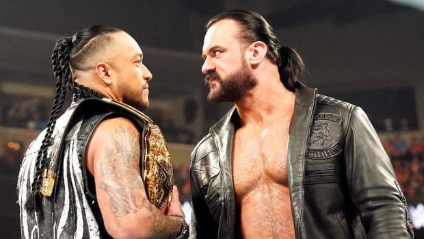 Damian Priest and Drew McIntyre stare down before their World Heavyweight Championship match at Clash at the Castle 2024.
