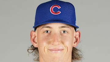 Feb 23, 2023; Mesa, AZ, USA; Chicago Cubs relief pitcher Ben Brown (86) poses for images during