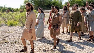 The Chosen -- “Clean, Part 2” -- Image Number: CHO305_0001 -- Pictured (L-R): Jonathan Roumie as Jesus, Elizabeth Tabish as Mary, and Shahar Isaac as Simon Peter