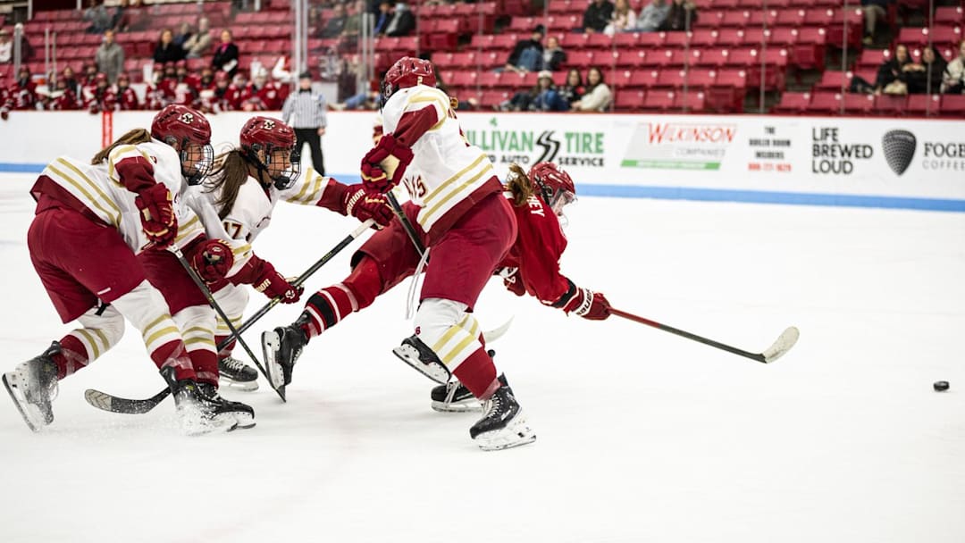 Morgan McGathey handles her way through traffic before scoring the opening goal of The Beanpot.